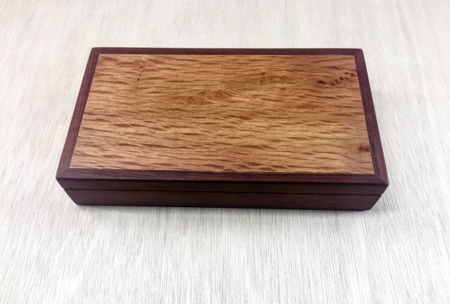 Sheoak trinket/cufflink box with Silky Oak lid and burgundy lining (PTRB19007-L5394)