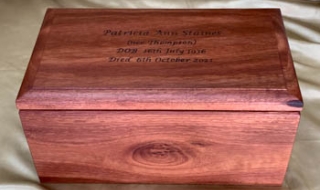 Custom Made Jarrah Human Cremation Box - "Standard Design"  Rectangular with Pyrography Inscription